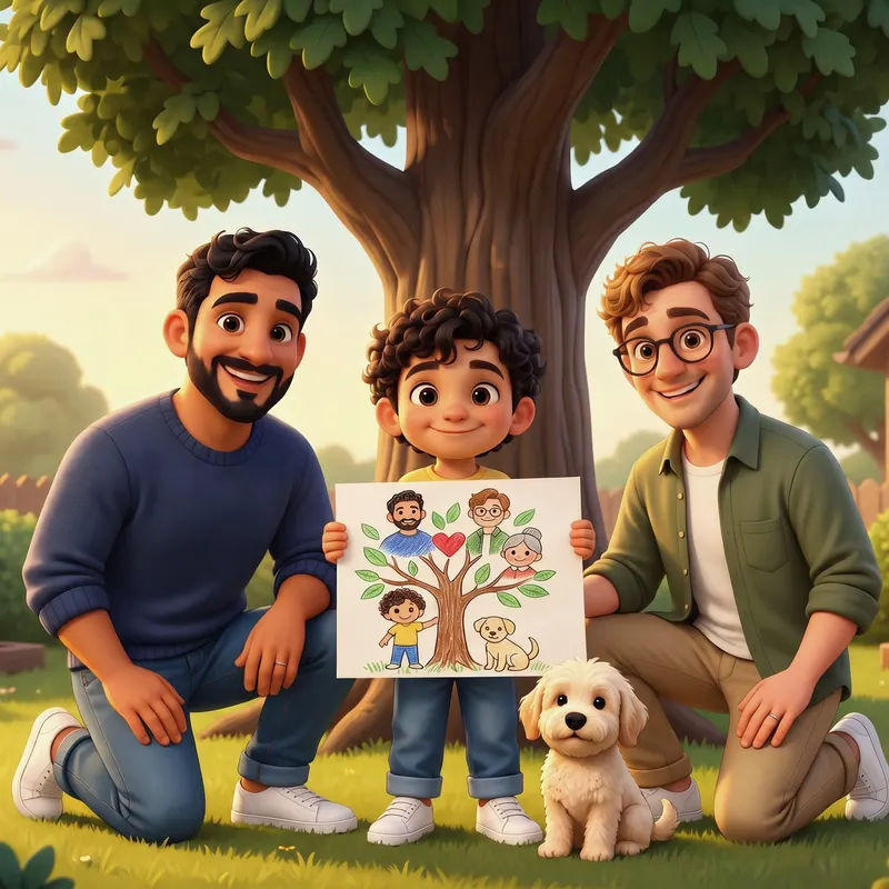 Mateo, his two dads and their dog under a big tree