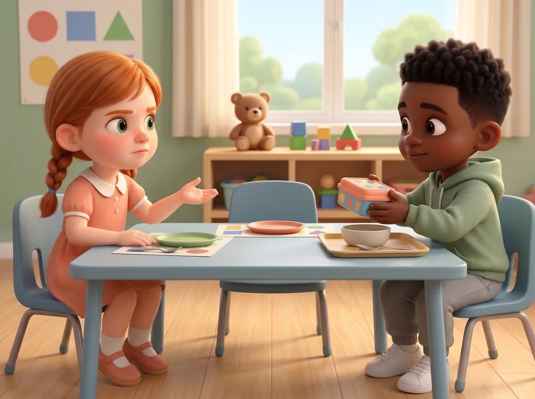 A boy holds a girl's snack box at lunch, and she holds out her hand and calmly asks for it back