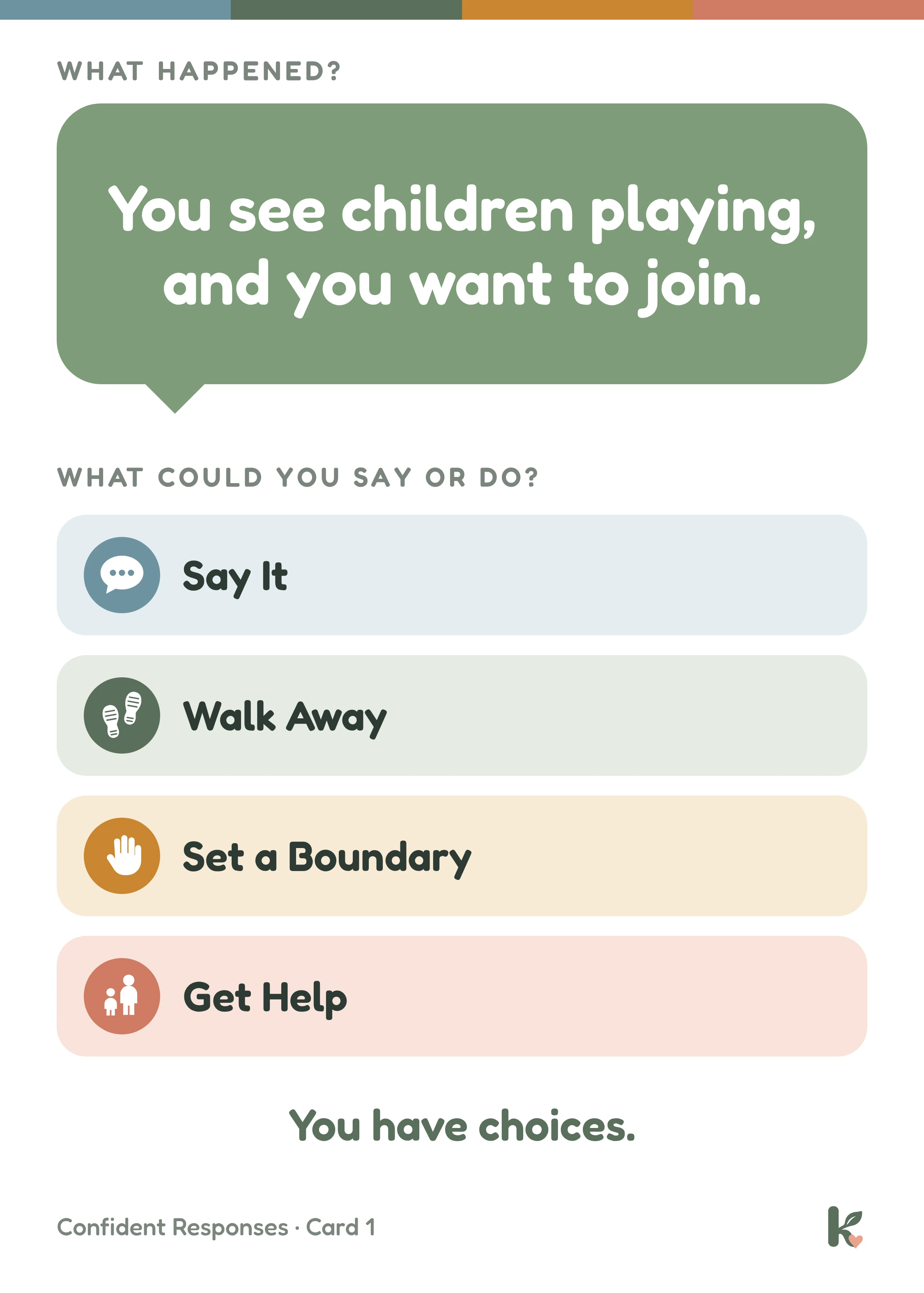 Front of card 1: You see children playing, and you want to join. Four choices below.