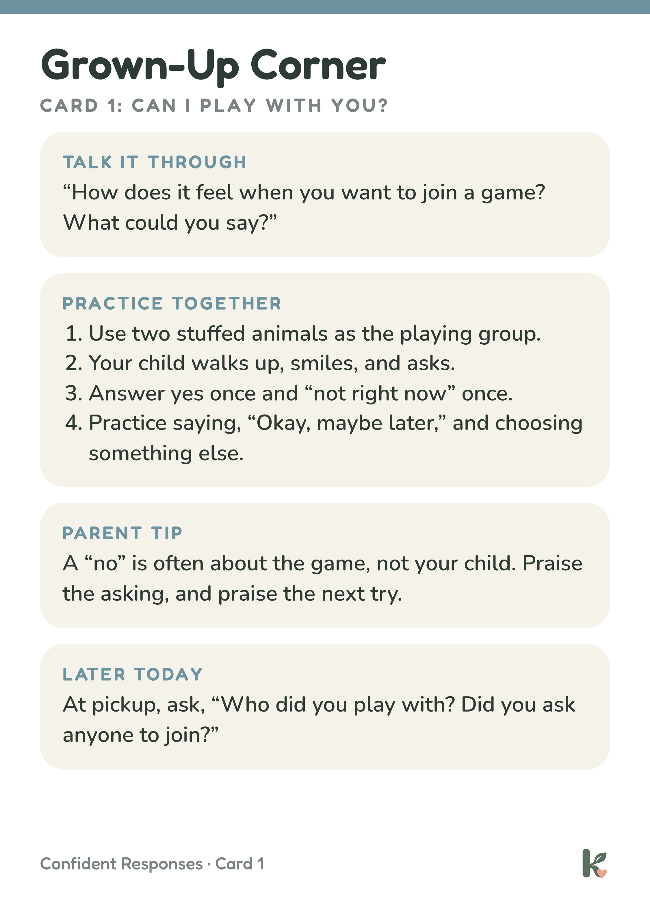 Grown-Up Corner for card 1: talk it through, practice together, a parent tip, and a later-today question