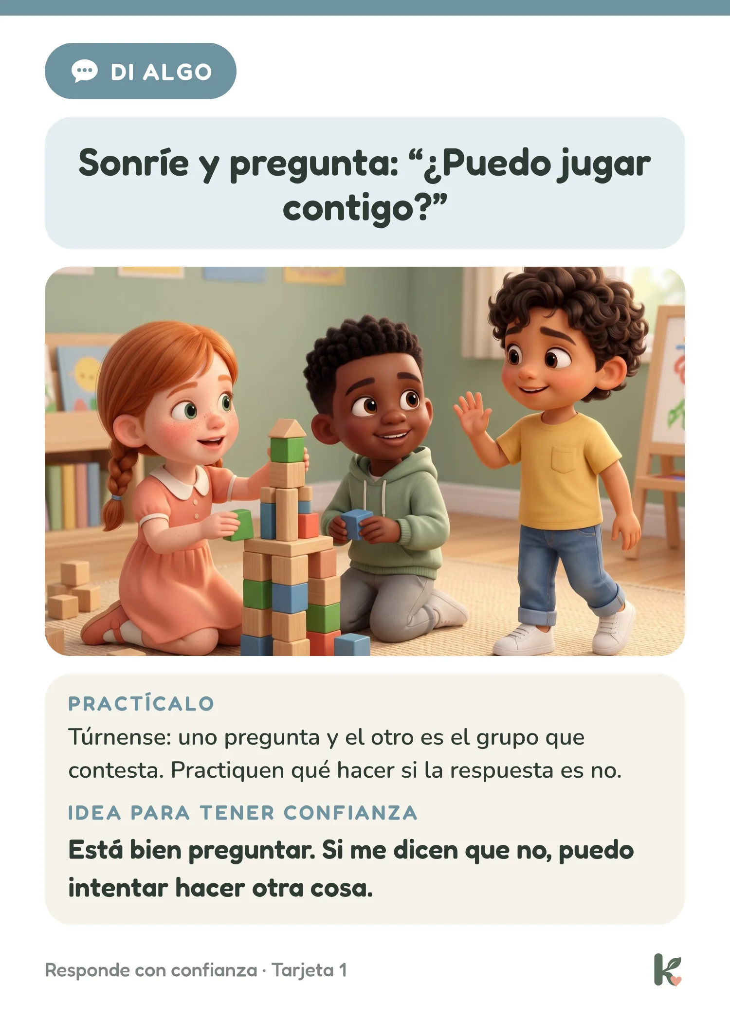 Reverso de la tarjeta 1: Sonríe y pregunta: ¿Puedo jugar contigo?, con tres niños jugando con bloques
