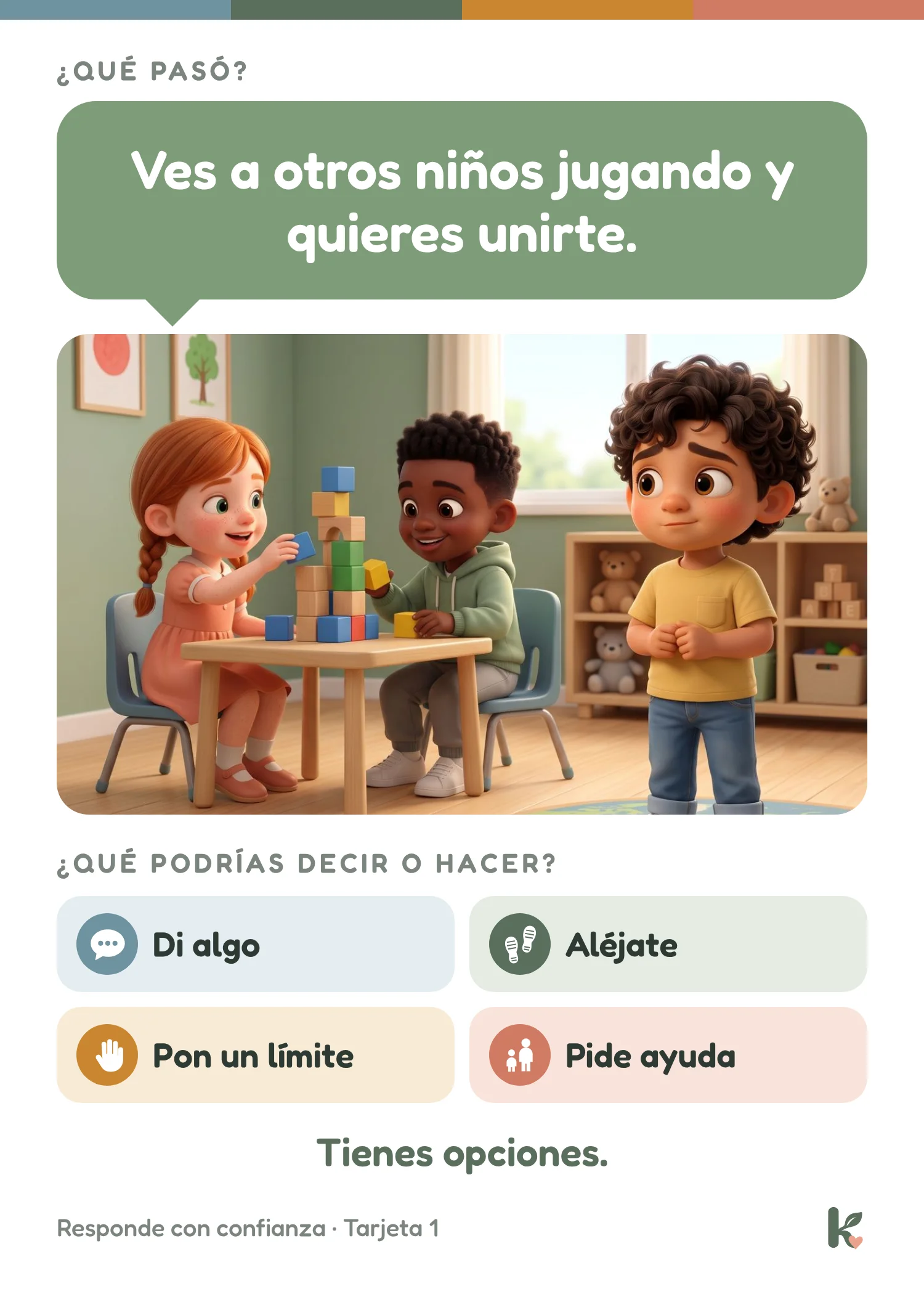 Frente de la tarjeta 1: Ves a otros niños jugando y quieres unirte. Abajo, cuatro opciones.