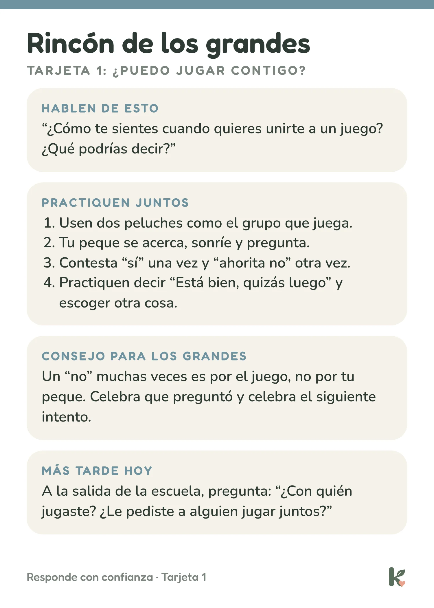 Rincón de los grandes de la tarjeta 1: hablen de esto, practiquen juntos, un consejo para los grandes y una pregunta para más tarde