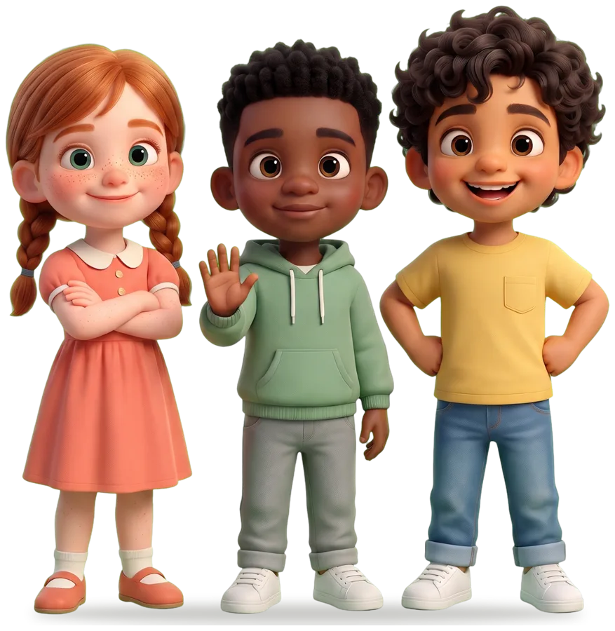Three smiling kids from the practice cards
