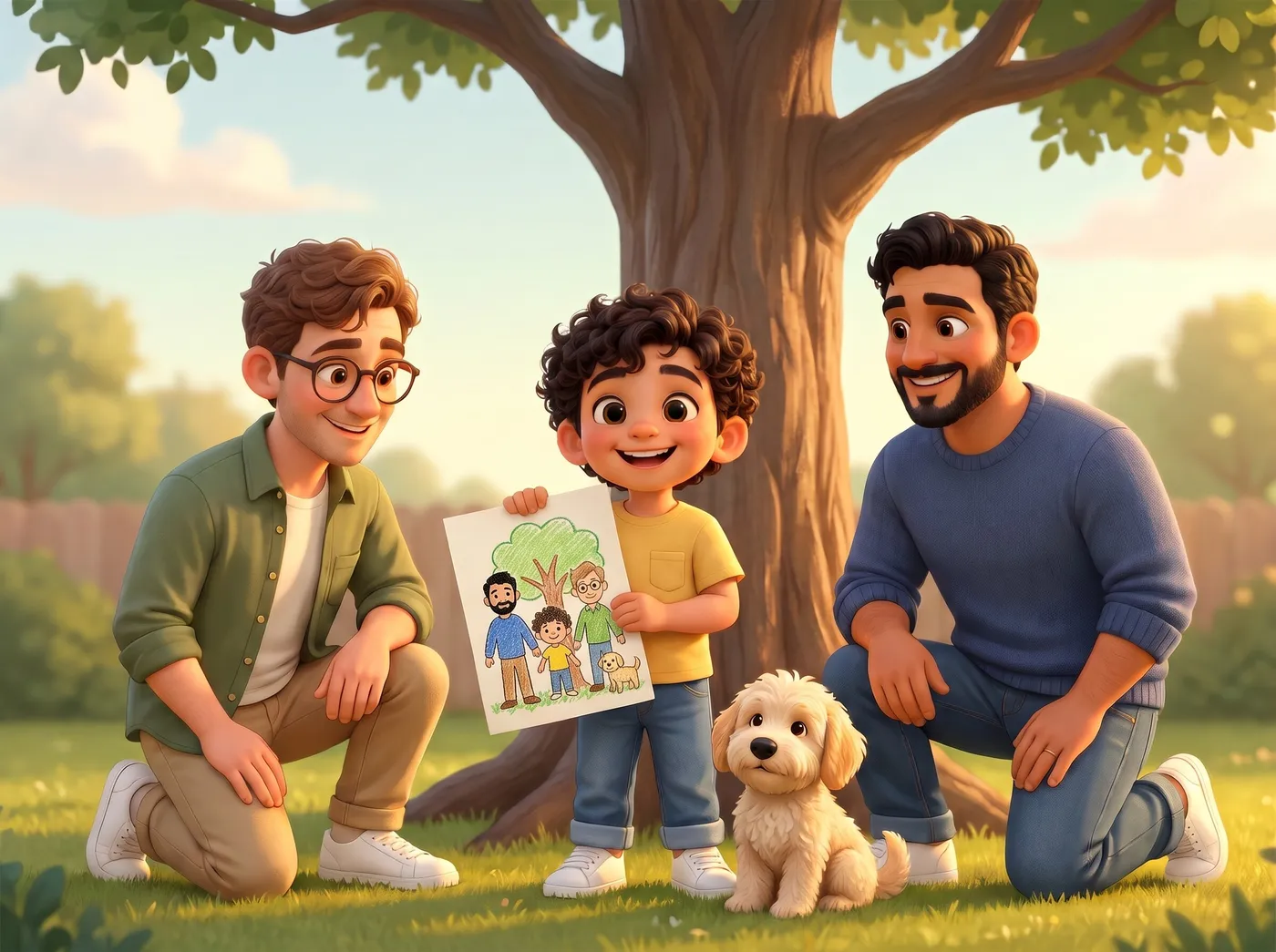 A dad with glasses and a bearded dad kneel beside their curly-haired son, who proudly holds a crayon drawing of a tree, with their fluffy dog in a sunny backyard.