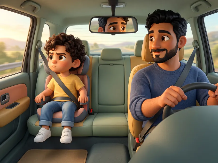 Mateo sits quietly in his car seat while Papa glances back from the driver's seat.