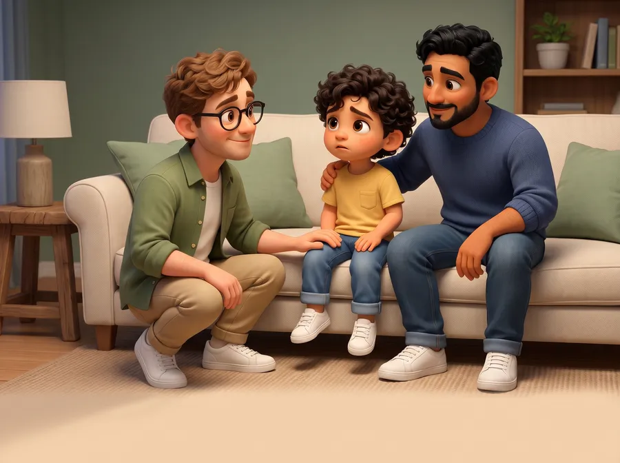 Mateo sits on the couch between his two dads, looking worried.