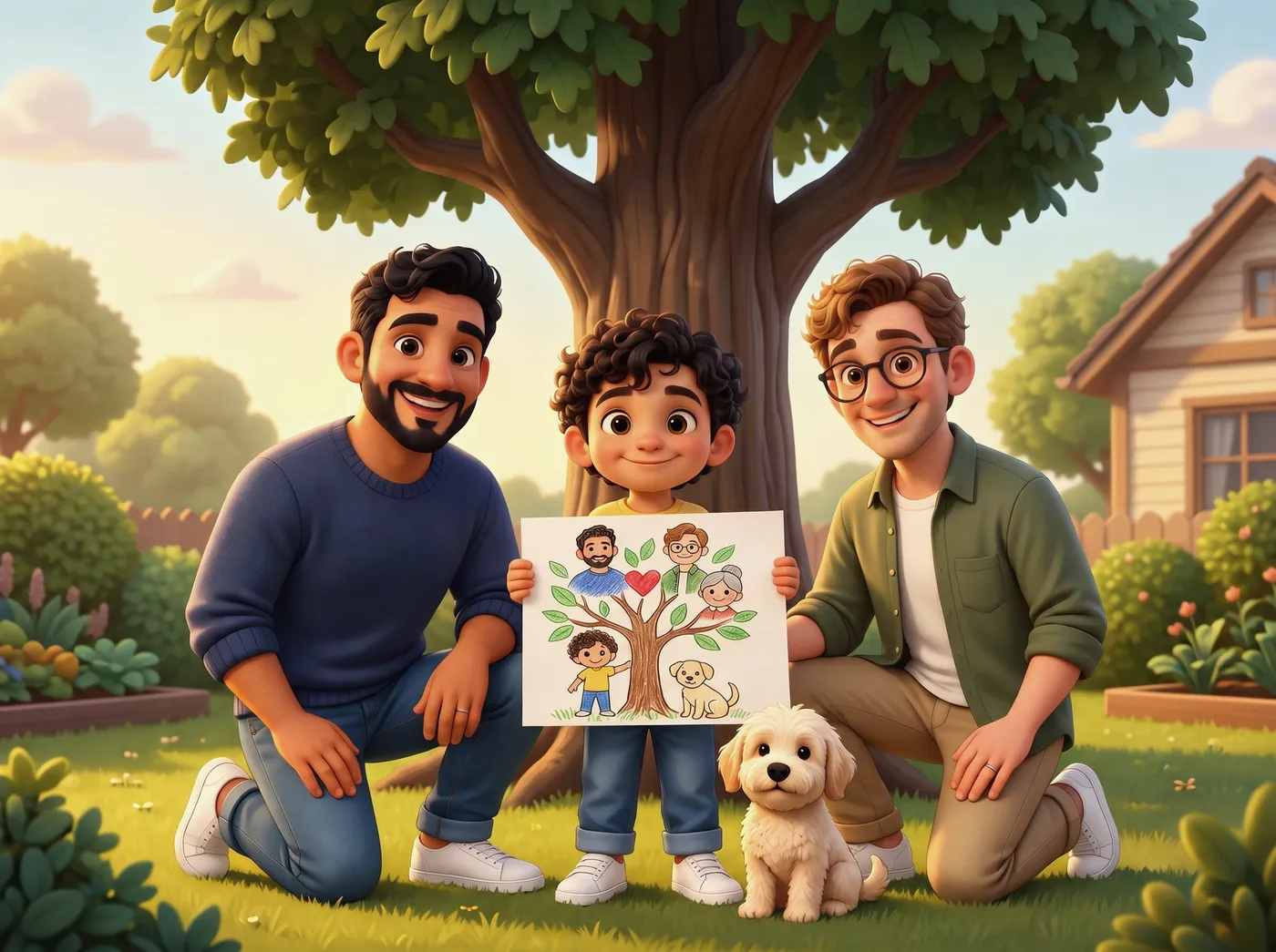 A bearded dad and a dad with glasses kneel beside their curly-haired son, who proudly holds a crayon drawing of his family tree, with their fluffy dog in a sunny backyard.