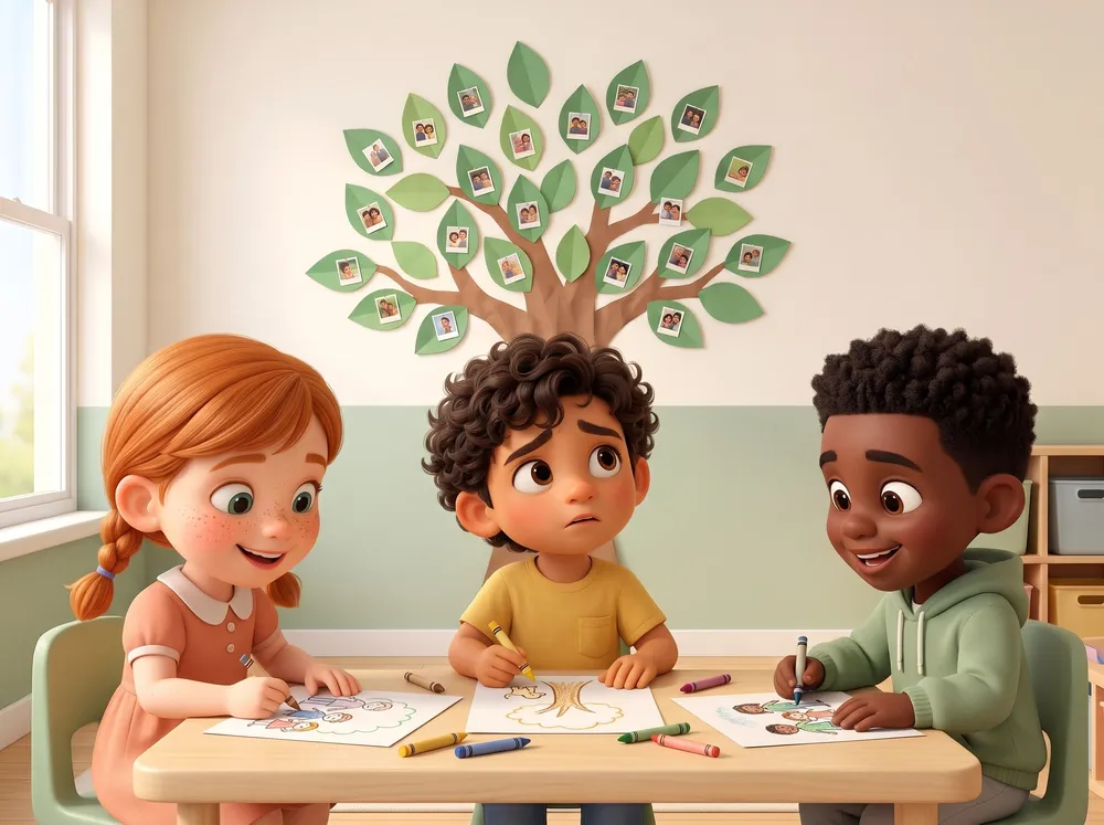 Three kindergarteners draw their family trees at a classroom table covered in crayons.