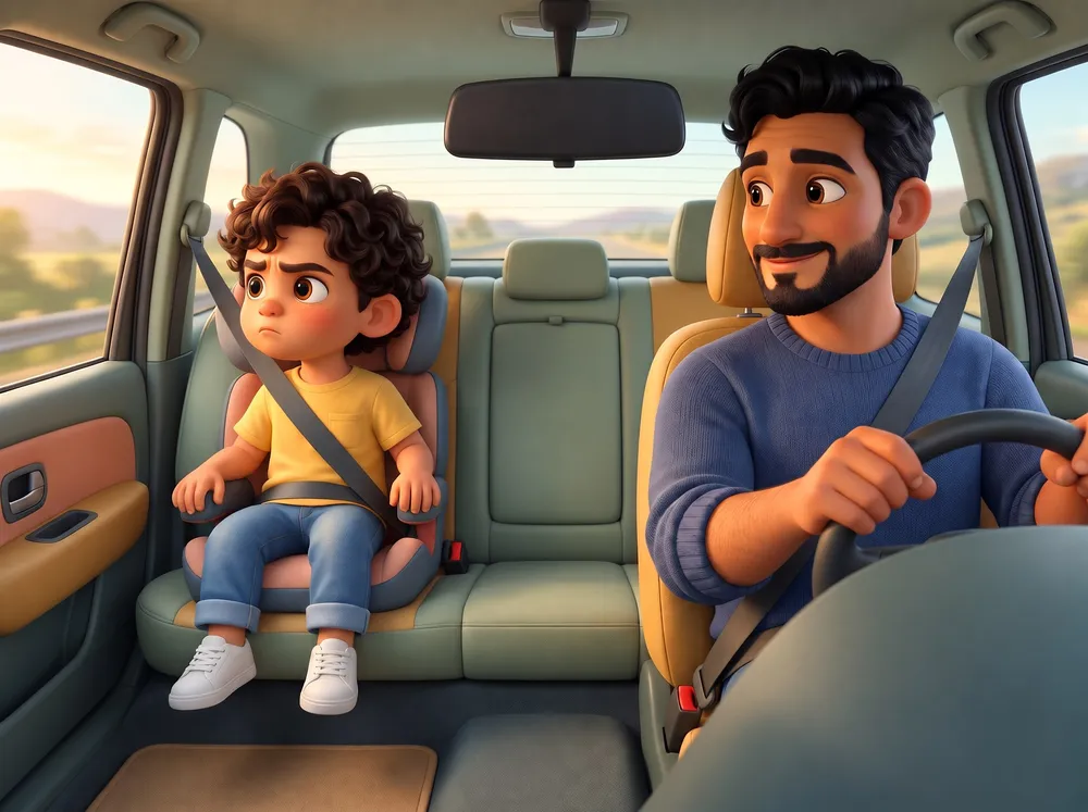 Mateo sits quietly in his car seat while Papa glances back from the driver's seat.