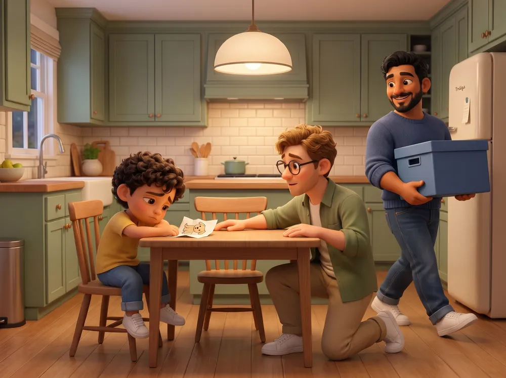 Mateo sits sadly at the kitchen table while Daddy comforts him and Papa brings a blue photo box.