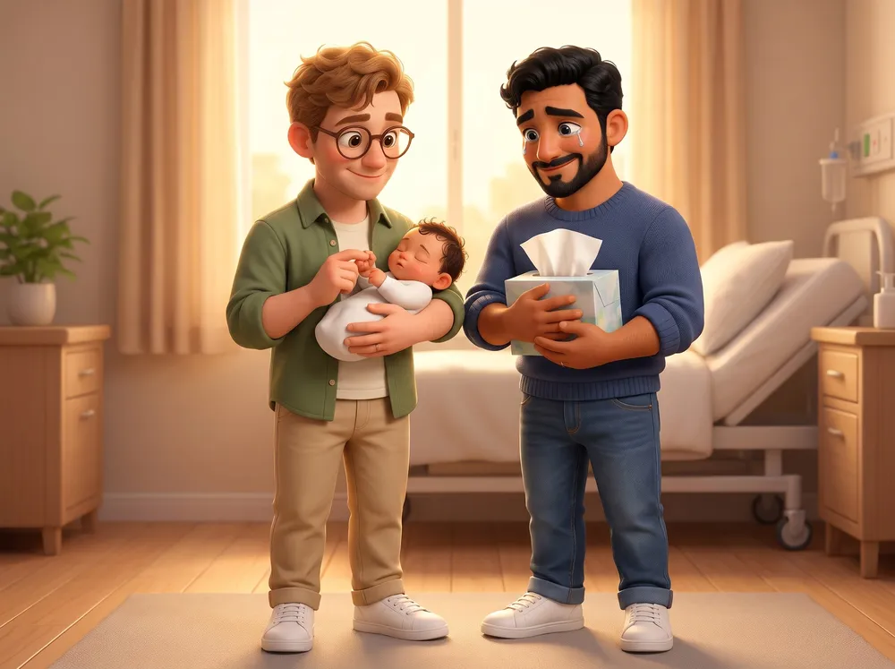 Daddy cradles newborn Mateo while Papa holds a box of tissues in a hospital room.