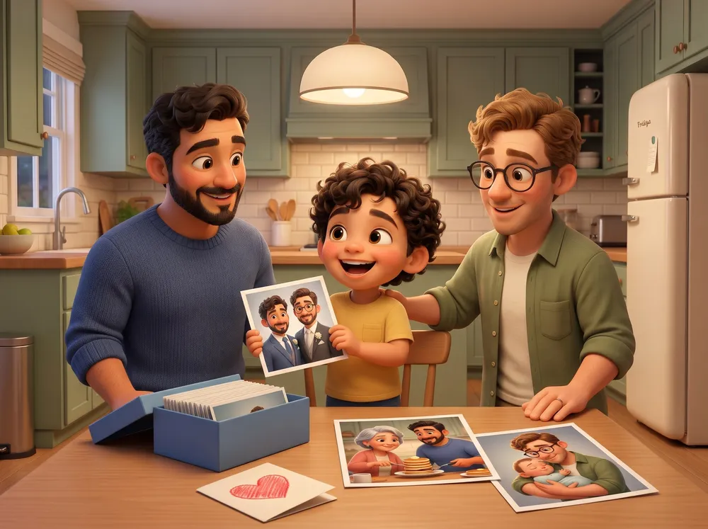 Mateo smiles at family photos spread across the kitchen table with his two dads.