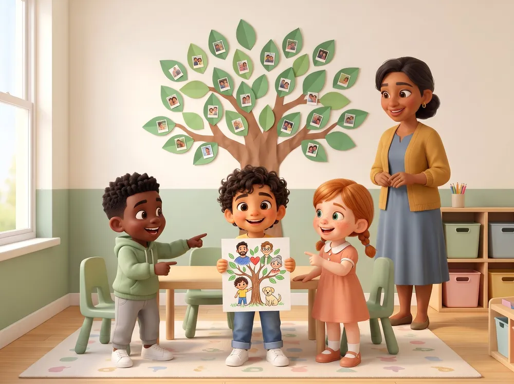 Mateo proudly holds up his family tree drawing in front of his class.