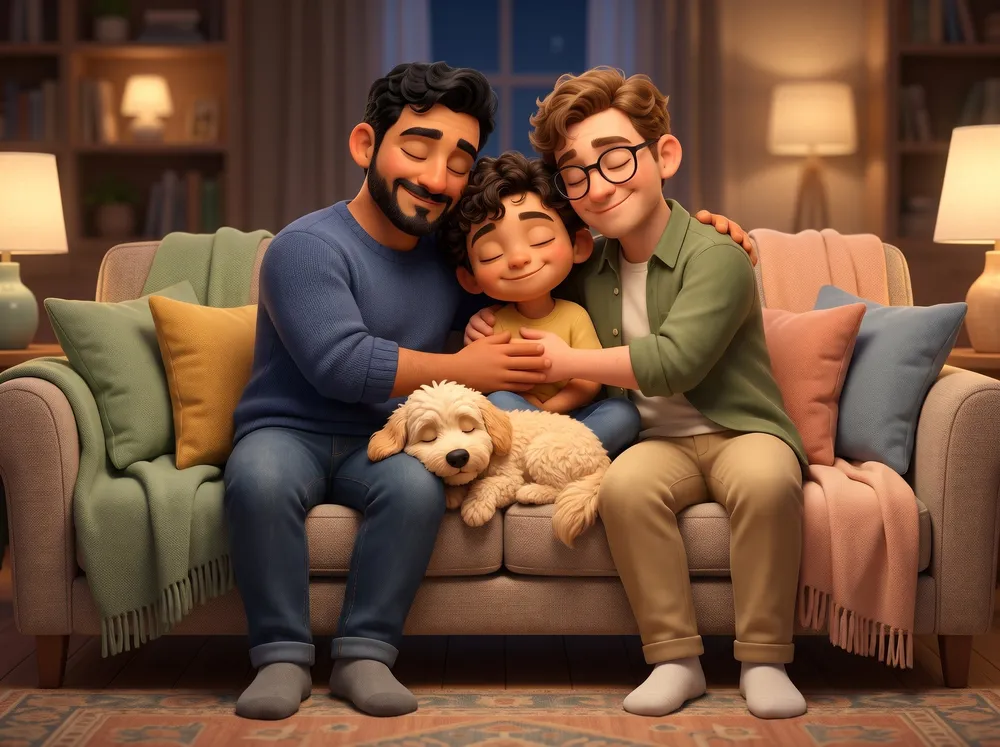 Mateo hugs both dads and Churro on the couch.